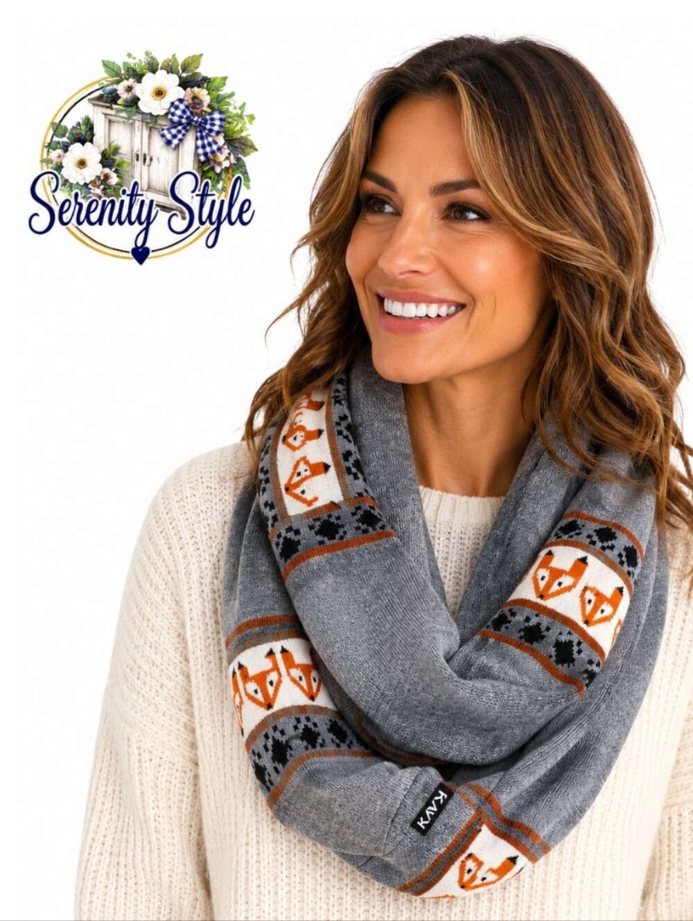KAVU Gray Fox Fair Isle Knit Cowl Infinity Scarf Orange Black Woodland